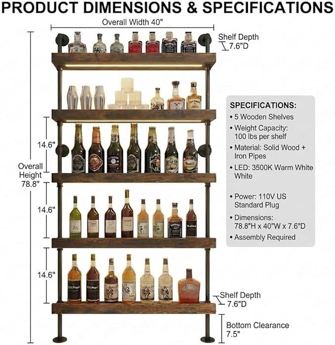 Wall Mounted Wine Rack 5-Tier with LED Lights, Holds 30+ Bottles, Metal Floating Bar Shelves, Liquor Bottle Display Organizer for Kitchen or Bar (40INCH-LED)