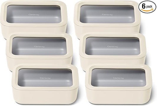 Caraway 6pc Glass Food Storage Set ??6.6 Cup Food Containers (6) - Ceramic Coated - Non Toxic, Non Stick with Lids - Microwave Safe - Cream
