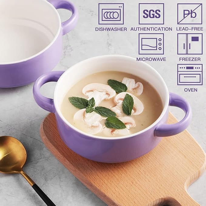Sweejar Ceramic Soup Bowls with Double Handles, 20 Oz Stacked Bowls for French Onion Soup, Cereal, Pot Pies, Stew, Chill, Pasta, Set of 4 (Purple)