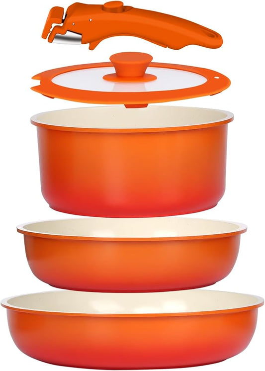 GiPP 5PCS Pots and Pans Set Non Stick, Nonstick Cookware Set Detachable Handle,Ceramic Pots for Cooking Non Stick with Removable Handle, RV Cookware Set, Orange Gradien