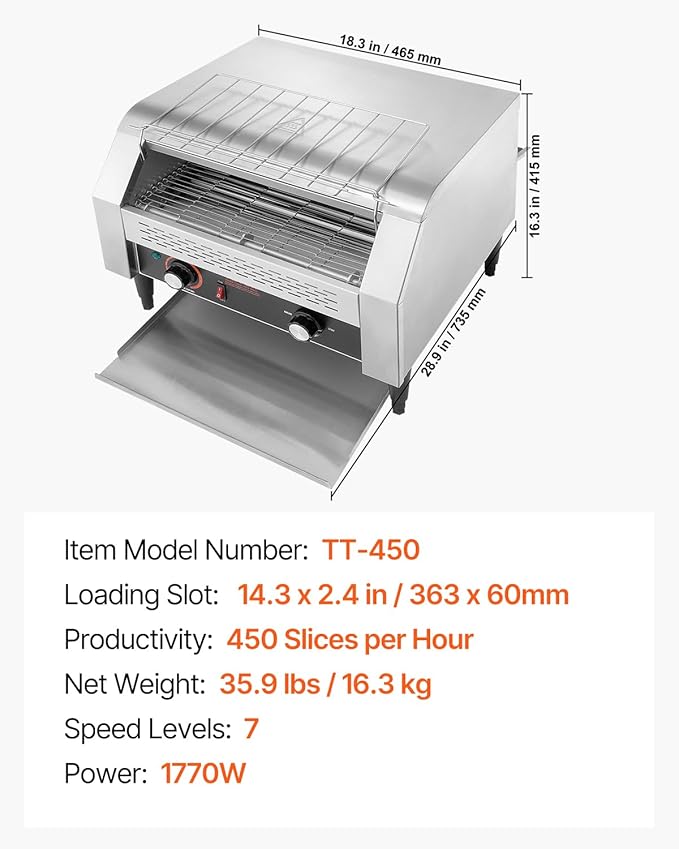 VEVOR 1770W Commercial Conveyor Toaster, 450 Slices per Hour, Heavy Duty Electric Toaster Oven, Food-Grade 304 Stainless Steel Conveyor Belt, Dual Knob Control, for Restaurant Bakery Bread Bagel Bun