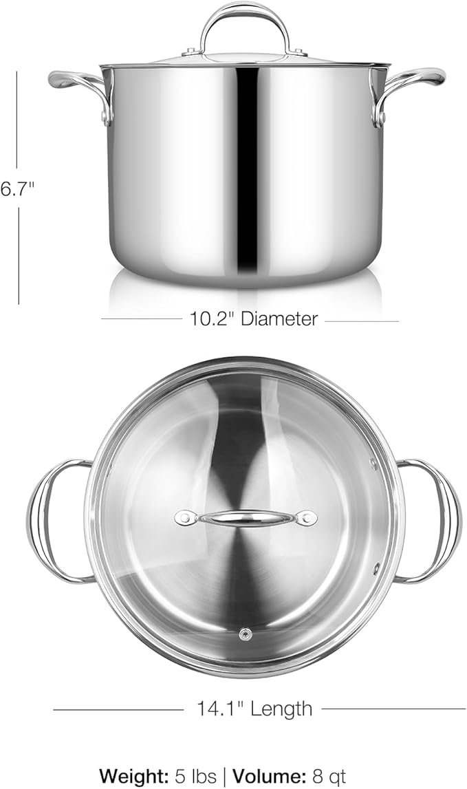 KEAWELL K3 Premium 8-Quart Tri-Ply Stainless Steel Stockpot with Lid, Induction & Oven Safe up to 600째F, Even Heating, Professional Cookware for All Stovetops (8-Qt)