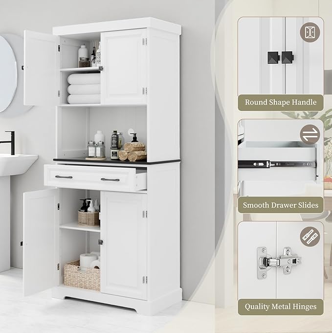 71" Kitchen Pantry Cabinet with Drawer, Kitchen Hutch Cabinet with 4 Doors, Wire Hole & Adjustable Shelves, Tall Bathroom Cabinets Freestanding Cupboard White Wood Storage Cabinets