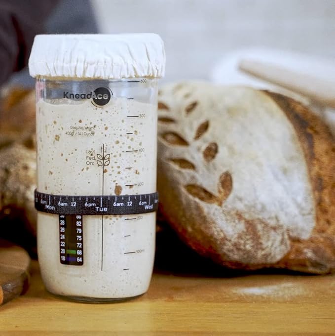 KNEADACE Sourdough Starter Jar With Date Marked Feeding Band, Thermometer, Sourdough Jar Scraper, Sourdough Container Sewn Cloth Cover & Metal Lid, Sourdough Starter Kit (2 Pack)