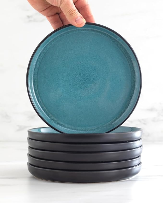 Stoneware dinnerware set 4 persons 12 pcs ??Modern style plates and bowls set ceramic ??Dishwasher safe and scratch resistant ??Bowl and plate set ??Dinner service Pure Living black & petrol blue