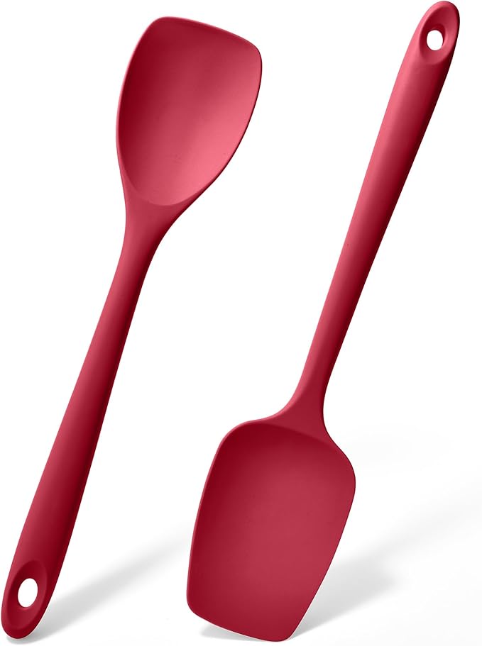 Doosu Silicone Spoon Spatula Set of 2, 600쨘F Heat-Resistant Food Grade Rubber Spoonula with Seamless Design, Non-Stick Dishwasher Safe Kitchen Utensils for Cooking, Baking, Mixing, Scraping (Red)