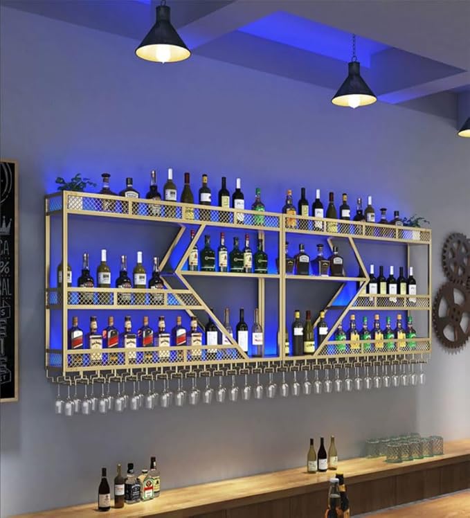 Modern Wall Mounted Wine Rack w/LED Light, Metal Wall Bar Shelves Wall Mounted w/Glass Holder, Large Liquor Shelf for Liquor Bottles for Home Bar & Dining Room(Gold-Blue Led, 59in/150cm)