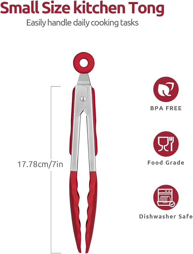 600쨘F Heat Resistant Kitchen Tong: U-Taste 7 inch Silicone Cooking Tong with Firm Sealed Non Stick Rubber Tips & Silicon Coated 18/8 Stainless Steel Handle & Smooth Locking for Serving Salad (Red)