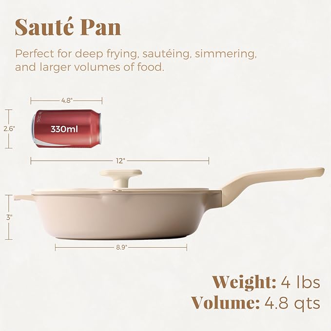 PRICUSIS Nonstick Deep Frying Pan with Glass Lid, 12 Inch (4.8 qt), 5X Durable Nonstick Saut챕 Pan, Scratch & Stain Resistant, PFOA Free, Induction Compatible, Dishwasher & Oven Safe, Natural Linen