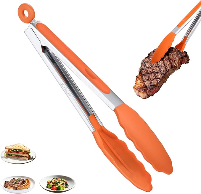 Salad Tongs, 7/9/12/16 Inch Silicone Food Tongs with 304 Stainless Steel Core, Easy-Grip, in Pistachio, Black, Blue, Orange, Red (Orang, 9inch)