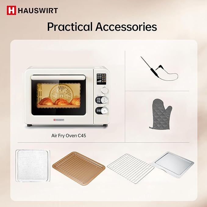 Hauswirt Toaster Oven Air Fryer, XL Large Convection Oven Countertop Rotisserie Chicken 42Qt 3-Tier for 5-8 People, 8 Mode Smart Toaster Stainless Steel 80째F - 500째F Quick & Even Crisp - Ivory