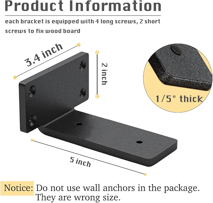 8 Pack Shelf Brackets 5 Inch Floating Shelf Bracket 1/5 inch Thick Heavy Duty Hidden Shelf Brackets Iron Metal Brackets for Shelf Support with Screw Included