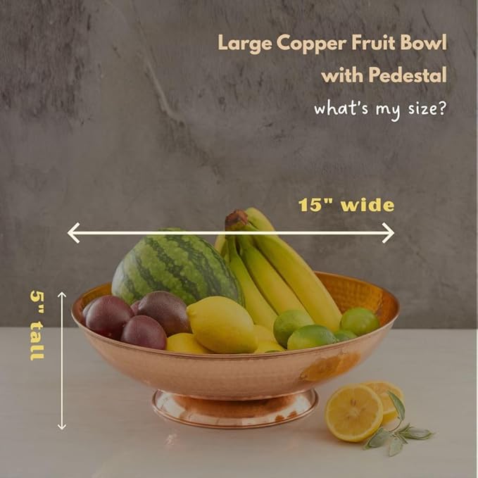 Copper Fruit Bowl for Kitchen Counter, Decorative Bowl, Table Centerpiece, Kitchen Storage, Home Decor, Copper Accessories, Pedestal Bowl (Large 15")