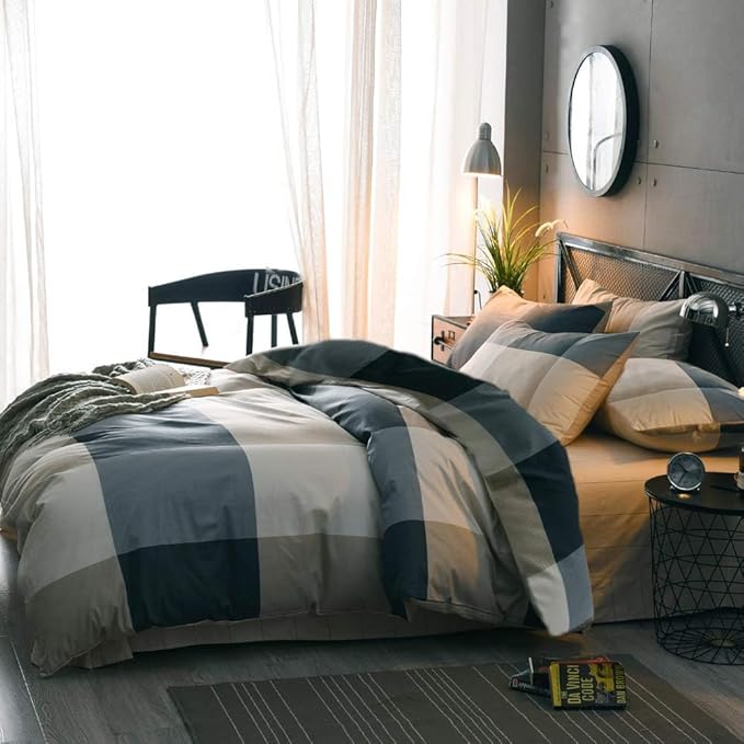 Full Comforter Set Fluffy Modern Style Plaid Comforter Set Checkered Pattern Comforter for Boys Men 3 Pieces Bedding Set 1 Geometric Comforter with 2 Pillow Shams All Season Full Size Comforter Set