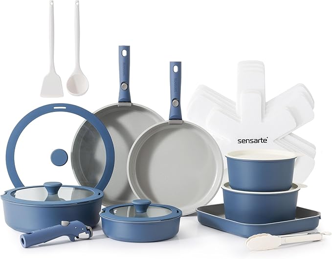 SENSARTE 24 Piece Ceramic Pots and Pans Set, Nonstick Detachable Handle Cookware, Induction Kitchen Cookware Set with Removable Handle, Healthy Non Stick for RV, Dishwasher竊냀ven Safe, PFOA Free (Navy)