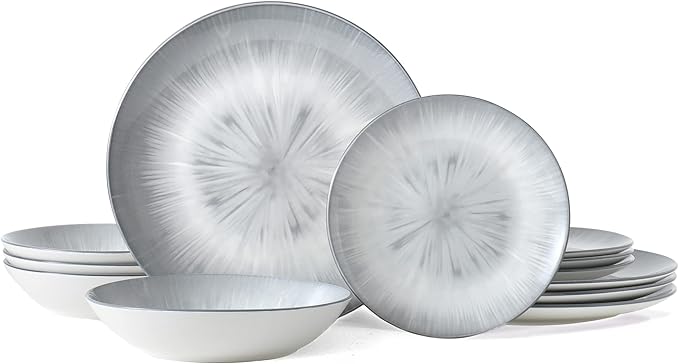 Bestone Porcelain Dinnerware Sets Service for 4, 12 pcs Hand drawn Plates and Bowls Sets, Handmade Ceramic Dish Set, Chip Resistant Modern Plate Set, Dishwasher/Microwave Safe竊똆ray