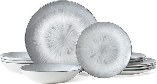 Bestone Porcelain Dinnerware Sets Service for 4, 12 pcs Hand drawn Plates and Bowls Sets, Handmade Ceramic Dish Set, Chip Resistant Modern Plate Set, Dishwasher/Microwave Safe竊똆ray