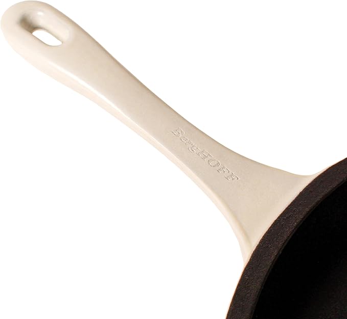 BergHOFF Neo 3Pc Enameled Cast Iron Cookware Set, Fry Pan 10 inches, Grill Pan 11 inches, Slotted Steak Press, Fast, Evenly Heat, Oven safe (Meringue)