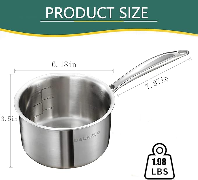 DELARLO Tri-Ply Stainless Steel 1 Quart Saucepan with Lid, Compatible With All Stove 600?? Small Pots for Cooking, Fast Even Heats, Stainless Pot 1QT, Durable Sauce Pot, Saucepan with Lid