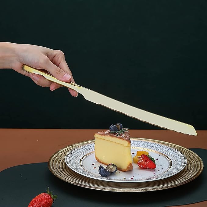 Gold Wedding Cake Knife and Server Set, Stainless Steel Cake Cutting Set, Include Cake Cutter and Cake Server for Parties, Activities, Family, Dishwasher Safe (Shiny Gold)