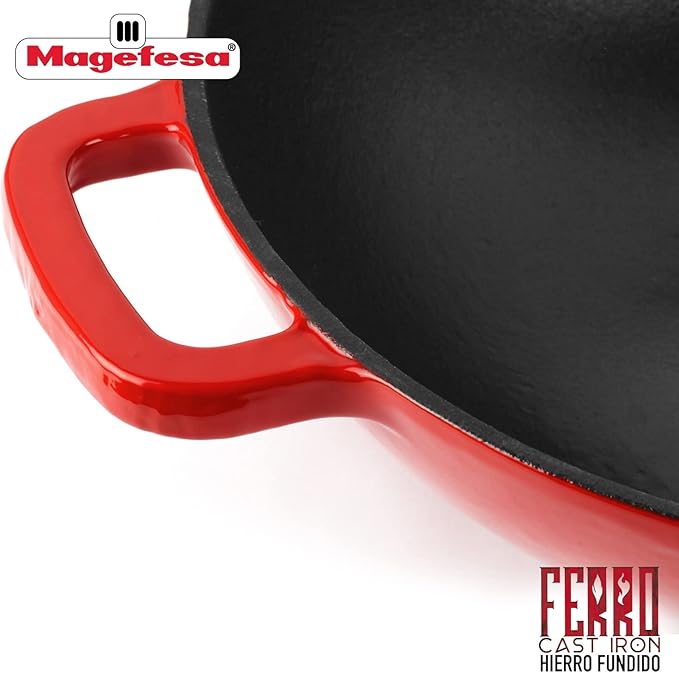 Magefesa FERRO 11.8" Cast Iron Red Wok with Enameled Cover & Inner Layer, Superior Heat Retention & Distribution, Induction & Oven Safe, Energy-Efficient, Durable, Easy to Clean
