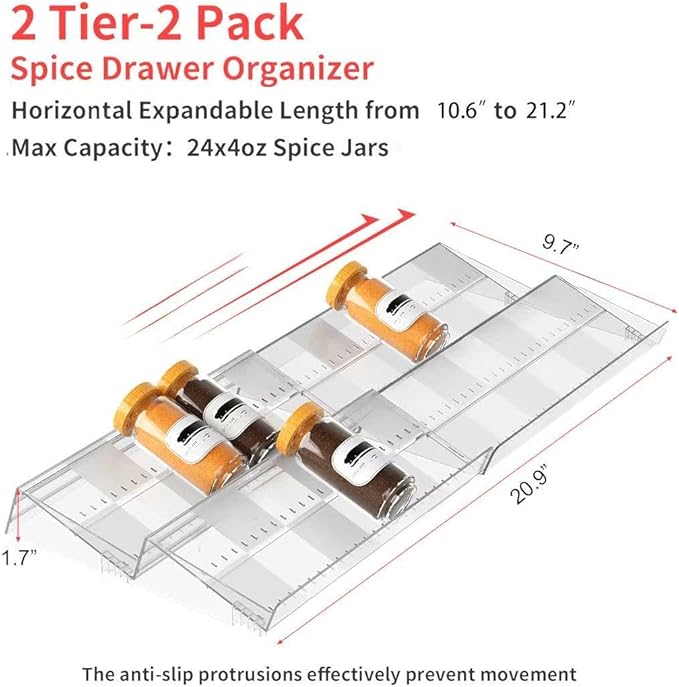 2-Tier Non-Slip Spice Drawer Organizer, 2-Pack Checkered Frosted Clear Acrylic, Expandable (11''-22'') Spice Rack for Kitchen Drawer Storage ??Holds Seasonings, Herbs, and Spices (Jars Not Included)