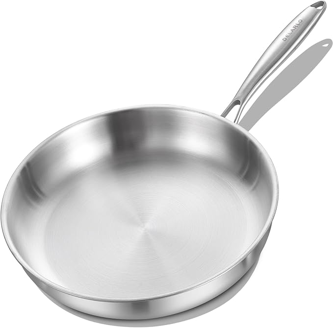 DELARLO Triply Stainless Steel Pan 8 Inch Frying pan, Induction Skillet Compatible Up to 600?? Fast and Even Heat, Oven Broiler Safe, Small Skillet, Omelette, Small Pan for Eggs, Steak, Bacon