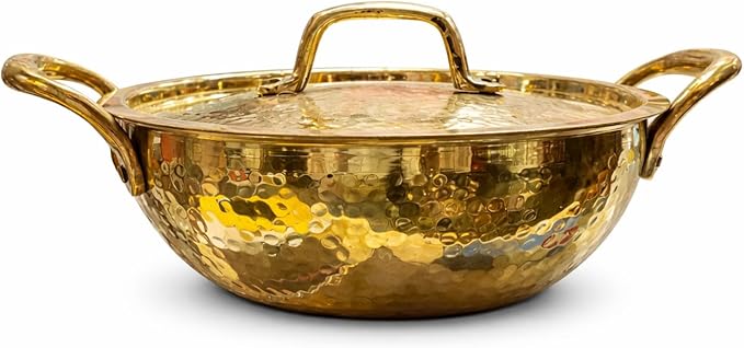 Pure Brass Hammered Kadai with Lid, Tin Coated Interior, 1.5 Liter Traditional Indian Cooking Pan, Gas Stove Compatible