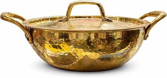 Pure Brass Hammered Kadai with Lid, Tin Coated Interior, 1.5 Liter Traditional Indian Cooking Pan, Gas Stove Compatible