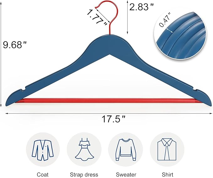 TOPIA HANGER Premium Wooden Hangers with Non-Slip Pant Bar, 360째Swivel Hook and Shoulder Notches, 16 Pack Solid Wood Clothes Hangers for Suit, Coat, Jacket, Camisole(Blue/Red)-CT35BR2