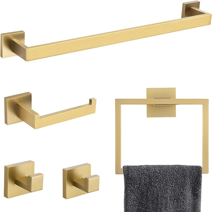 TNOMS Brushed Gold Towel Bar Set Bathroom Hardware Set, 5 Pieces Gold Bathroom Accessories Set Stainless Steel Wall Mounted Towel Holder for Bathroom 23.6in