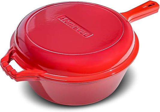 Enameled Cast Iron Braiser Pan - 2-in-1 Cast Iron Dutch Oven - 6.5QT Deep Pot with Frying Pan - Cookware Multi Cooker Skillet - for Grill Induction Stovetop Camping -Red