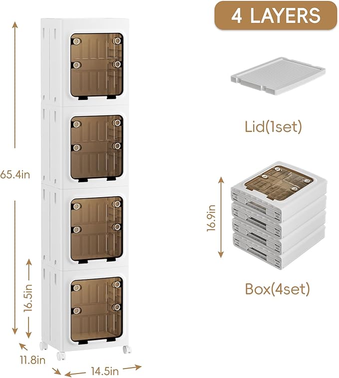 JEKO&JEKO Narrow Bathroom Storage Cabinet, 4-Tier Slim Tall Cabinet Organizer with Wheels, Foldable Plastic Storage for Small Spaces, White