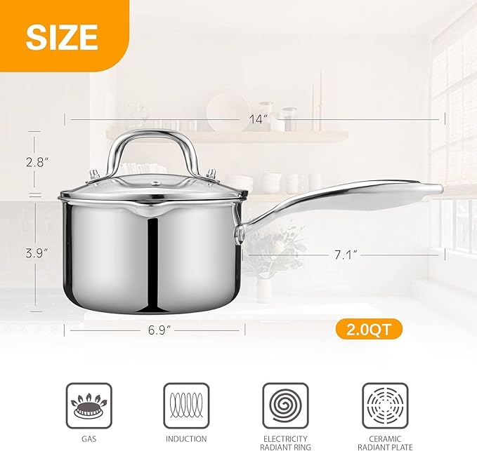 Tri-Ply Stainless Steel Sauce Pan with Steamer Basket & Straining Glass Lid ??Heavy-Duty,Thick Base,Rust-Resistant,Warp-Free ??00% Food-Grade ?볿uilt to Last??Works with All Stovetops, Pasta Pot 2.5 QT