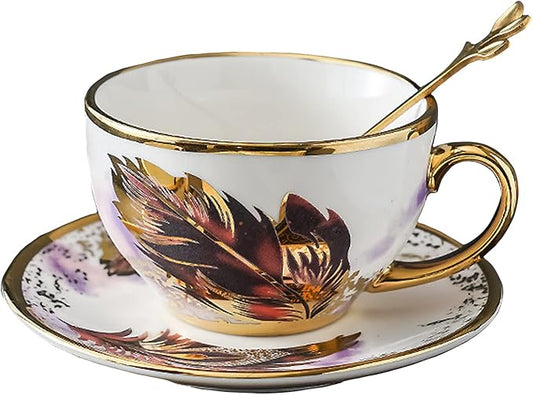 Golden Handle Ceramic Tea Cups, Vintage Feather Pattern Espresso Coffee Mug Set with Saucer & Spoon, 7.74 Oz, Style 2