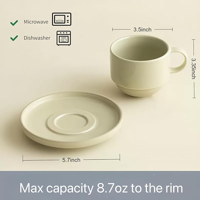 Stackable 8oz Minimalist Handmade Ceramic Cappuccino Espresso Cup with Saucer ??Small Stoneware Coffee Mug, Lead-Free Latte Art Mug竊똇andmade Pottery tea mug or tea cup (Glossy Apricot)