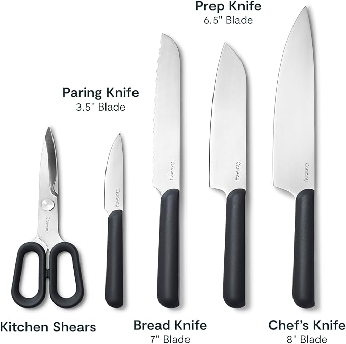 Caraway 5 Piece Knife Set - Premium German Steel Blade Kitchen Knives - Ergonomic Handles - No Microplastics - Charcoal