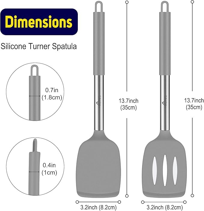 HOTEC Silicone Spatula Set of 2 Heat-Resistant 600째F & BPA-Free Kitchen SaptulaTurner with Stainless Steel Handles, Slotted & Solid Spatulas for Nonstick Cookware, 13.7 Inch, Grey
