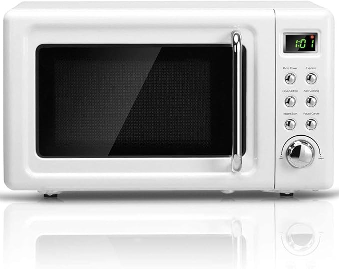 ARLIME Retro Microwave 0.7Cu.ft, 700 Watt Countertop Microwave with 5 Micro Power Defrost & Auto Cooking Function, LED Display, Child Lock, Small Microwave for Kitchen, RV, Dorm (White)