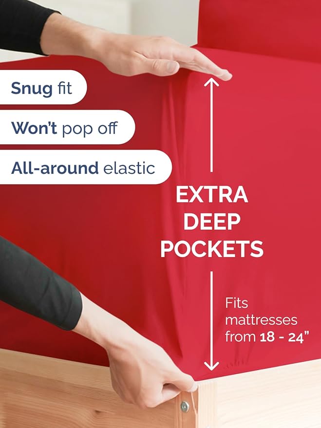 Extra Deep Pocket Cal King Sheets - 4 Piece Breathable & Cooling Bed Sheets - Hotel Luxury Bed Sheet Set - Soft, Wrinkle Free & Comfy - Easily Fits Extra Deep Mattresses - Deep Pocket Red Sheets Set