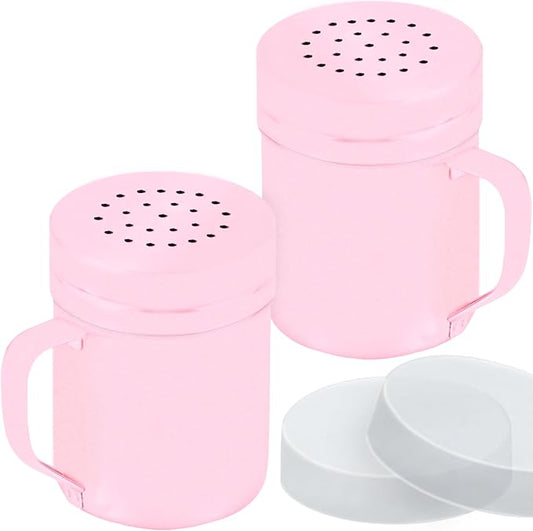 CUSINIUM 6oz Pink Stainless Steel Salt Pepper Dredge Shakers - With Plastic Cap - With Handle - Pack of 2