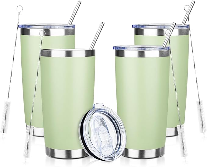 ATIKZHE 20oz Tumbler with Straw and Brush, Stainless Steel Vacuum Insulated tumbler, Double Wall Insulated Coffee Tumbler for Outdoor, Home, Travel,Office (20 cup-Matcha Green,4pcs)