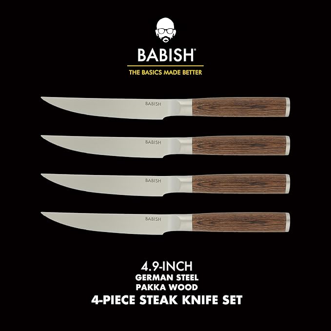 Babish 4-Piece 1.4116 German Stainless Steel Steak Knife Set with Dark Pakka Wood Handles ??Full-Tang Steak Knives for Dining, Entertaining & Everyday Table Use