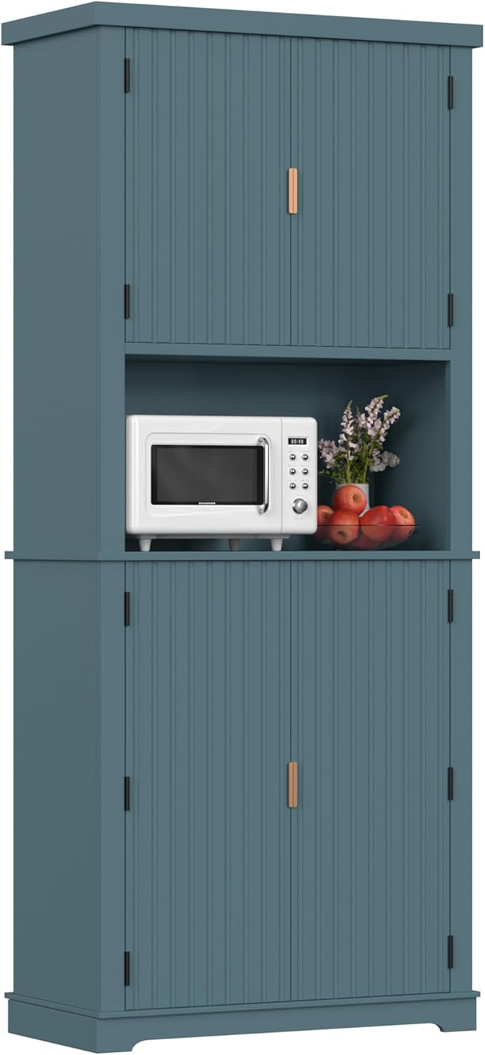 BlueWish 72" Pantry Cabinet with Cable Management Hole, Tall Kitchen Pantry Storage Cabinet with Microwave Stand, Kitchen Cupboard Fluted Buffet Sideboard Hutch for Living Room, Dining Room