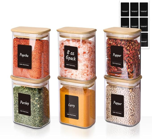 Comsaf Spice Jars with Label竊? oz Small Glass Jars with Lids, 6 Pcs Seasoning Containers, Rectangle Glass Containers with Lids, Empty Seasoning Jars for Pantry Storage, Loose Tea, Herbs, Powders, Salt