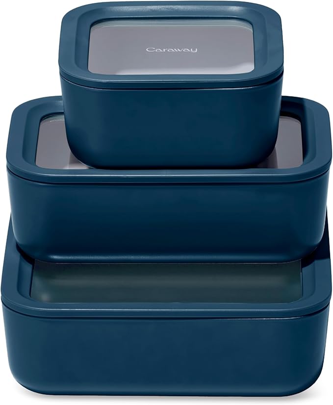 Caraway 3pc Glass Food Storage Set ??10 Cup, 6.6 Cup, & 4.4 Cup Food Containers - Ceramic Coated - Non Toxic Non Stick Lunch Box with Glass Lids - Dishwasher, Oven, & Microwave Safe - Navy