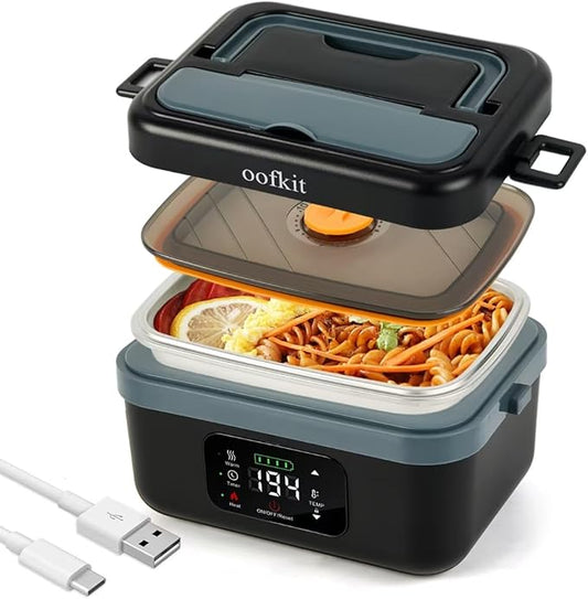 oofkit Electric Lunch Box For Adults(Men & Women),Heated Lunch Box Battery Powered With USB Charge port,Self Heating Coreless,Portable Food Warmer For meals on the go(1L Black)