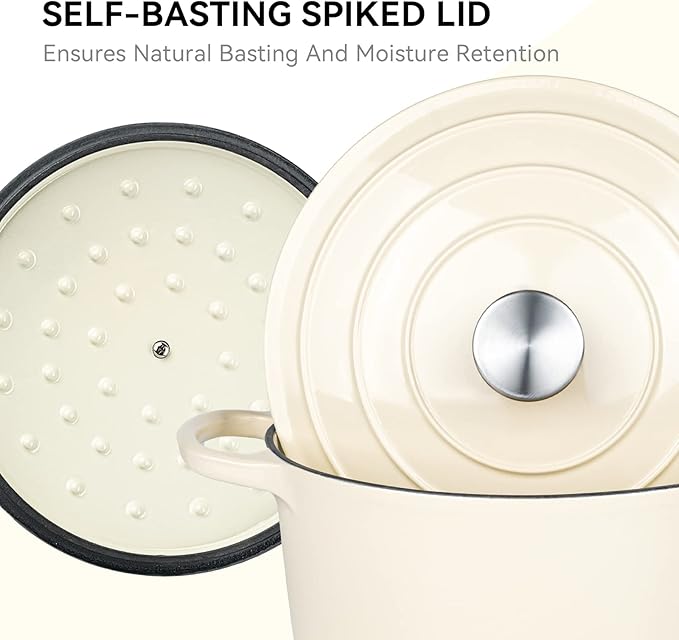 Miereirl 6 Quart Enameled Dutch Oven Pot with Lid, Cast Iron Dutch Oven with Dual Handles for Bread Baking, Cooking, Non-stick Enamel Coated Cookware (Beige)