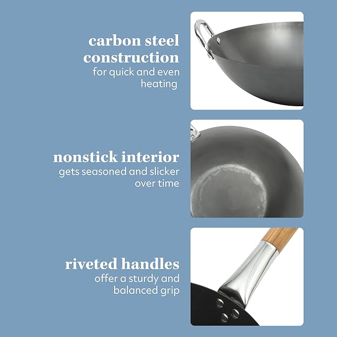 SUR LA TABLE Kitchen Essentials Quick Fire 13.5" Carbon Steel Flat Bottom Wok ??Durable Nonstick Stir Fry Pan