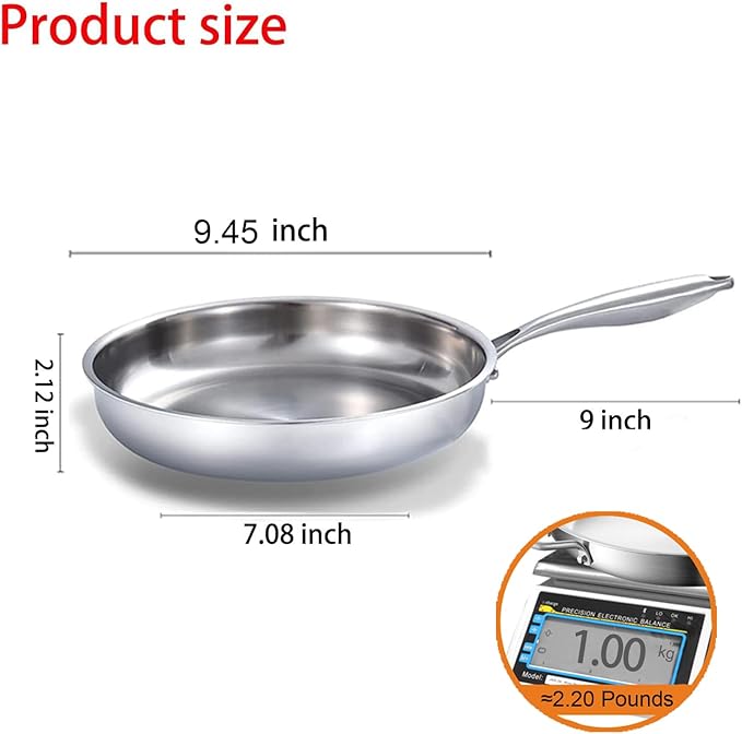 DELARLO Tri-Ply Stainless Steel Skillet, 9 inch Frying Pan, All Stove Compatible Up to 600?? Fast Even Heat, Steak Pan, Heavy Duty Omelette Pan, Kitchen Small Egg Frying Pan 9in